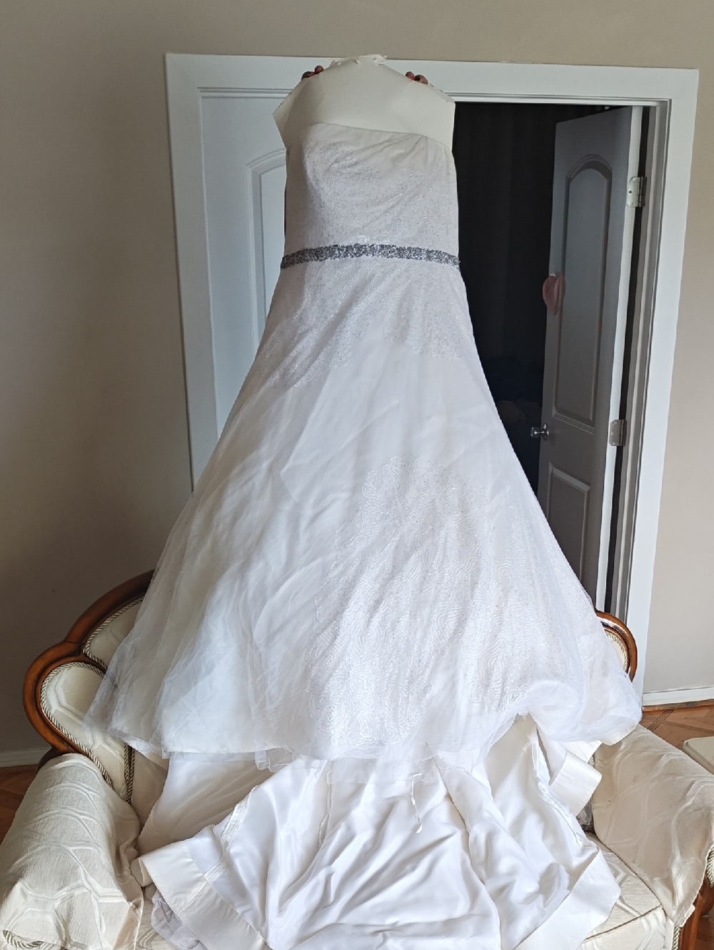 Strapless White Wedding Gown with Beaded Waist
